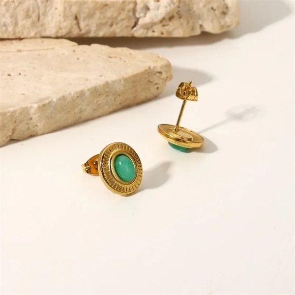 18k Gold Plated Jade Stud Earrings - Picture 3 of 7